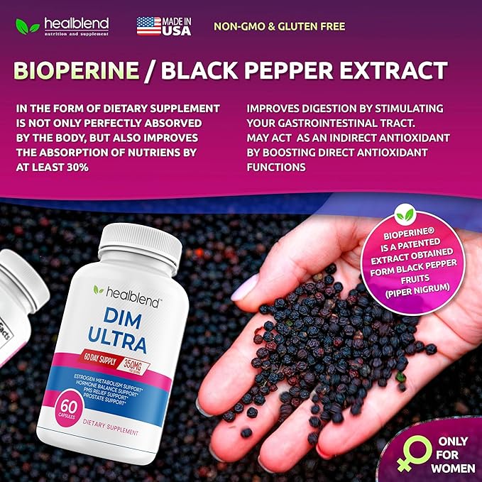 healblend DIM Ultra Dietary Supplement 350mg with Bioperine, Diindolylmethane, Estrogen Metabolism Support, Hormone Balance & PMS Relief, 60 Capsules