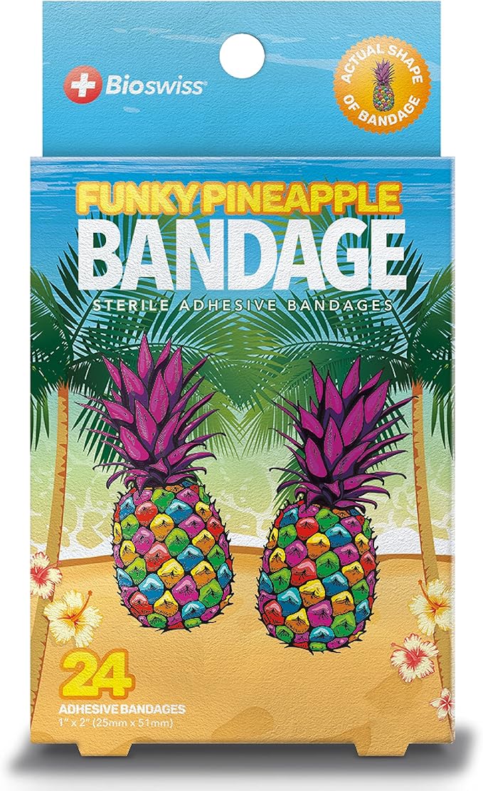 BioSwiss Bandages, Funky Pineapple Shaped Self Adhesive Bandage Set, Latex Free, Sterile Wound Care, 24 Count