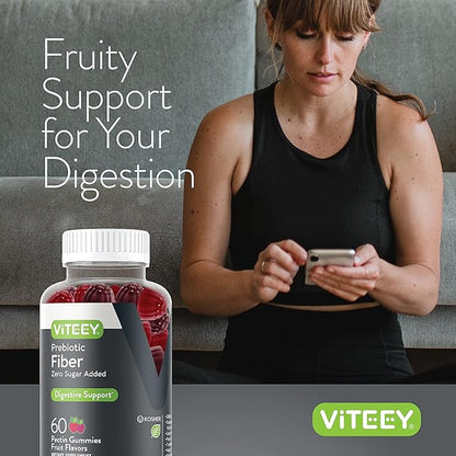 Viteey Prebiotic Fiber Gummies for Adults, 4g - Gut Health & Digestive Soluble Fiber Supplement Gummies - Zero Sugar Added, Vegan, Gluten-Free - 60 Count