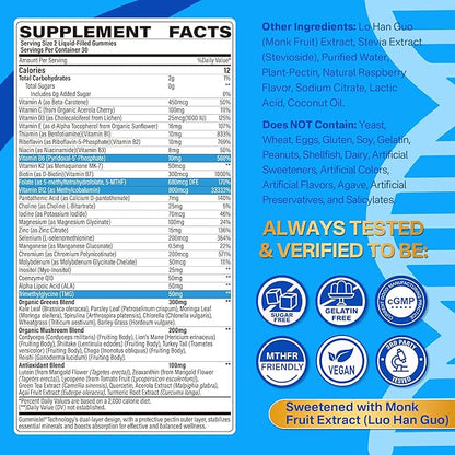 Methylated Multivitamin for Men & Women Gummies + Greens & Mushroom Blend, Methylfolate & B12, TMG, Choline, Daily Vitamin A, C, D3K2, E, B Complex, Coq10, ALA for Overall Wellness, Sugar Free, 60 Cts