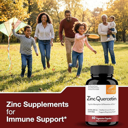 Sandhu's Zinc Quercetin 60 Vegetarian Capsules (Pack of 1) | High Absorption Zink Supplements for Immunity and Seasonal Allergy | Antioxidant Immune Support for Men and Women | Easy to Swallow