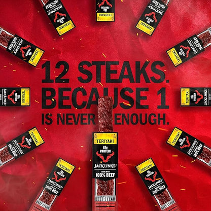 Jack Link's Teriyaki Beef Steaks - Ready to Eat Real Meat Protein Snacks - 18g Protein per Serving - Made with 100% Real Beef - (12 Pack) 2 oz Meat Snacks
