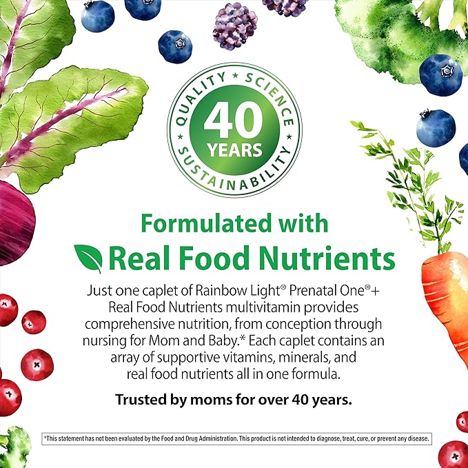 Rainbow Light Prenatal Multivitamin One + for Women | 30 Caplets | Essential Nutrition for Mom & Baby | Real Food Nutrients | with Iron, Vitamins and More