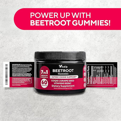 VitaUp Beet Root Gummies – Beetroot Supplement with CoQ10, Grape Seed, Vitamin C, B12 & B3 – Nitric Oxide Gummies for Circulation Support – Beet Supplement for Energy & Immune Support – 60 Beets Chews