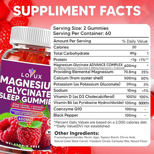 Lofux Magnesium Glycinate Gummies 400mg, Sugar Free Magnesium Gummies for Adults Women, Men, Chewable Supplement Gummy with L-Threonate, Vitamin D, B6, CoQ10 - for Calm, Sleep, Body Relaxation, 120 Ct