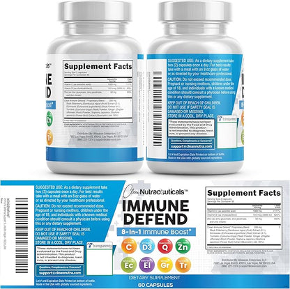 Clean Nutraceuticals Immune Defense Support Supplement 8 in 1 with Zinc 50mg Quercetin, VIT C 1000mg, Vitamin D3 5000 IU, Elderberry, Ginger - Immunity System Booster for Adults, Vegan - 60 Count