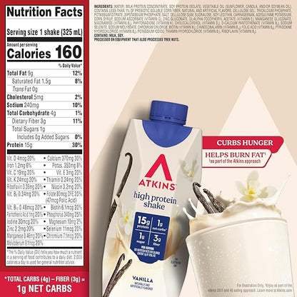 Atkins Vanilla High Protein Shake, 15g Protein, Low Glycemic, Low Carb and Low Sugar Protein Shakes, Keto Friendly Ready to Drink Shakes, 12 Vanilla Flavored Protein Shakes