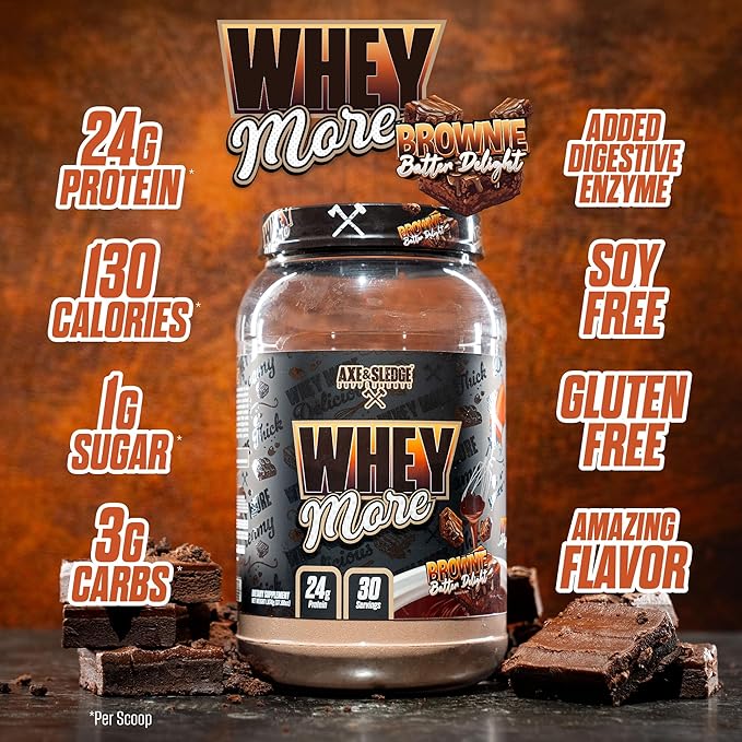 Axe & Sledge WHEY More Premium Protein Blend | 24g Protein, Whey Concentrate & Isolate | Prebiotic Fiber for Enhanced Absorption | Creamy, Delicious, Versatile | 30 Servings, Brownie Batter