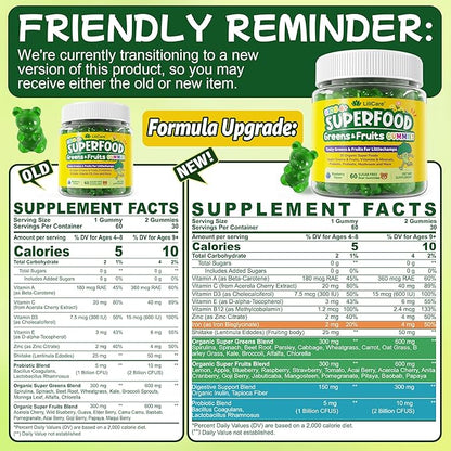 Kids Super Greens Gummies, Superfood Multivitamin for Kids, 20+ Veggie, Fruit, Vitamin, Mineral, Probiotic, Kids Vitamin Gummies for Growth, Immunity, Digestion, Picky Eater Approved, Sugar Free 2Pack