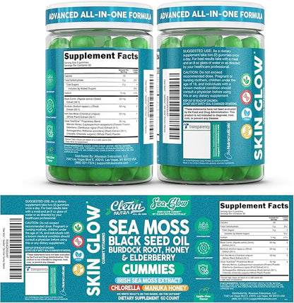 Clean Nutra Sea Moss Gummies Black Seed Oil Chlorella Ashwagandha Root Hair Growth Skin Glow Irish Sea Moss Elderberry Burdock Manuka Honey Trace Minerals Detox 60 Gummy Vitamins Sea Glow Supplement