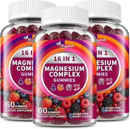 3 Packs-Magnesium Complex Gummies for Women Men，16 in 1 Calm Magnesium Gummy with Glycinate Citrate Malate Taurate - Ashwagandha, L-Theanine, D3&Zinc for Relaxation, Sleep, Muscle&Heart Support, Berry