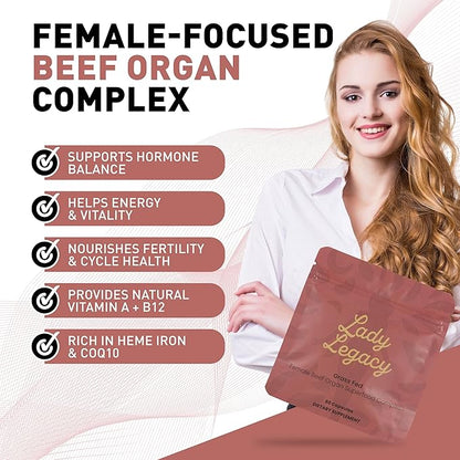 Lady Legacy Beef Organ Supplement for Women – Grass-Fed & Pasture-Raised Female Organ Complex – Uterus, Ovary, Liver, Kidney & Heart Capsules – Dual 3rd Party Tested, Non-GMO Verified, Made in USA
