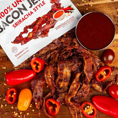 Sriracha Flavored Bacon Jerky, 12g Protein Per Bag, Tender & Easy to Chew Fully Cooked Bacon, USA Made, High Protein Carnivore Snacks (2 Bags)