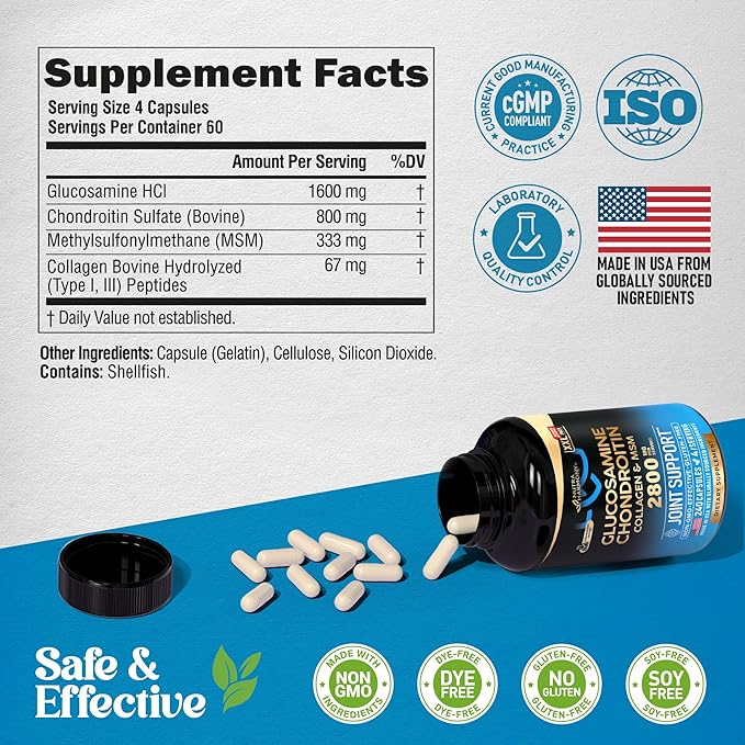 Glucosamine Chondroitin MSM Collagen | HSA | Joint Support Supplement 2800 mg | Made in USA | FSA Approved Product Items | Flexibility Nutritional Vitamins | For Men & Women, 240 Capsules