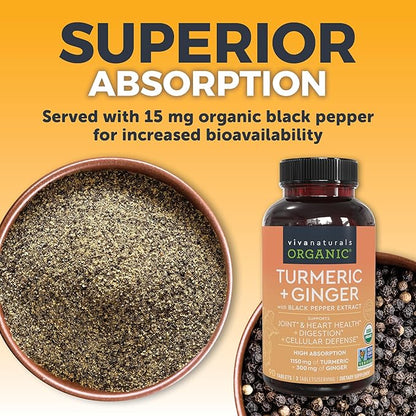 Turmeric and Ginger Supplement with Black Pepper for Better Absorption - Organic Turmeric Curcumin to Support Joint, Heart and Digestive Health, Non-GMO - 120 Tablets