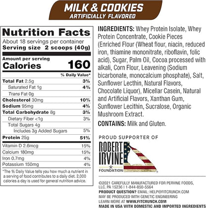 Fit Crunch Tri-Blend Whey Protein, Keto Friendly, Low Calories, High Protein (18 Servings, Milk & Cookies)
