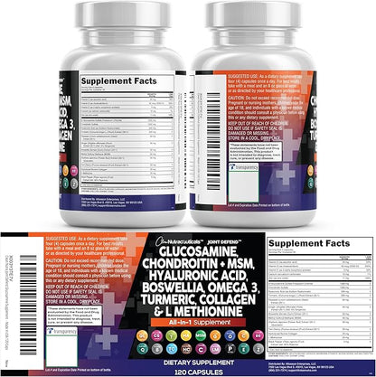 Clean Nutraceuticals Glucosamine Chondroitin MSM 1500mg with Turmeric Curcumin, Collagen, Hyaluronic Acid, Omega 3 – Joint Health Supplement for Men & Women (120 Count (Pack of 2))
