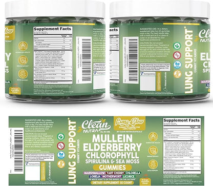 Clean Nutra Mullein Gummies for Lung Health Support with Elderberry Chlorophyll Spirulina Tart Cherry Sea Moss Vitamin C Lutein Marshmallow Root Licorice Root Superfood Greens Mucus Relief 60 Gummies