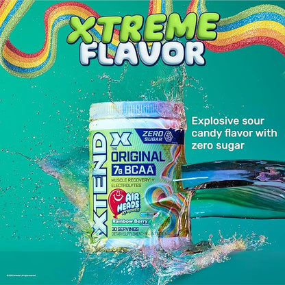 Xtend Original BCAA Powder, 7g BCAAs and 2.5g L-Glutamine for Muscle Recovery, Hydration, and Lean Muscle, Sugar Free Intra and Post Workout Drink, Airheads Xtreme Rainbow Berry, 30 Servings
