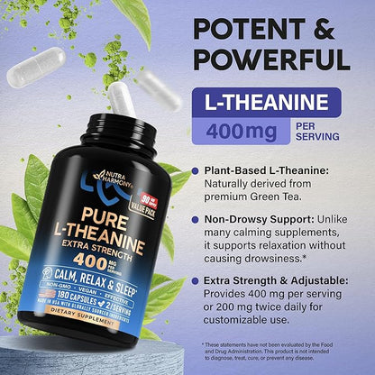 L Theanine 400 mg | L-Theanine Stress Relief | Extra Strength Supplement | Made in USA | Relaxation, Sleep & Calm Support | For Men & Women | Plant Based, Non-GMO & Gluten-Free | 180 Vegan Capsules