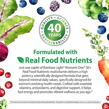 Rainbow Light Womens One + Multivitamin 50 Plus | 60 Caplets | Supports Menopause | Real Food Nutrients, Digestive Enzymes & Probiotics