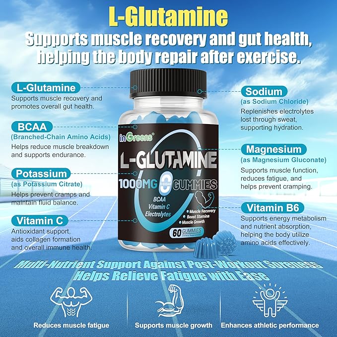 L-Glutamine Gummies 1000mg with BCAA, Potassium, Magnesium & Vitamin C, Muscle Recovery, Endurance Support & Daily Nutrition, Portable Supplement for Men＆Women, Lime Grapefruit Flavor, 120 Count
