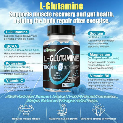 L-Glutamine Gummies 1000mg with BCAA, Potassium, Magnesium & Vitamin C, Muscle Recovery, Endurance Support & Daily Nutrition, Portable Supplement for Men＆Women, Lime Grapefruit Flavor, 120 Count
