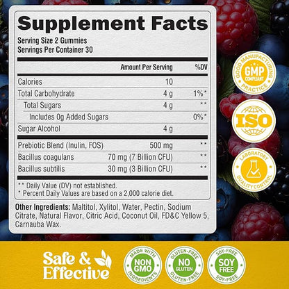 Probiotic Gummies 10B CFU with Prebiotic Fiber - Digestion & Immune Support - Debloat, Stomach & Gut Comfort - Probiotics for Women & Men - Natural Berry Flavor - Vegan & Sugar-free - 60 Gummies