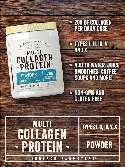 Carlyle Multi Collagen Protein Powder | Type I, II, III, V & X | 9 Oz | Peptides Premium Blend | Unflavored | for Women and Men | Non-GMO and Gluten Free | 25 Servings | by Herbage Farmstead