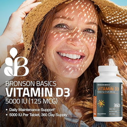 Bronson Vitamin D3 5000iu (125mcg) Healthy Muscle Function and Immune Support, Non-GMO, 360 Tablets