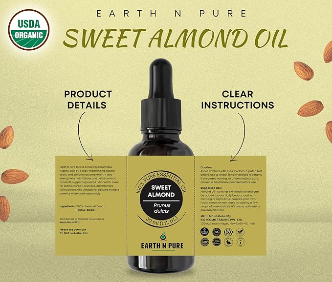 Earth N Pure Sweet Almond Oil (Badam Oil) Cold Pressed, Therapeutic Grade for Body, Skin, Hair 200 ml