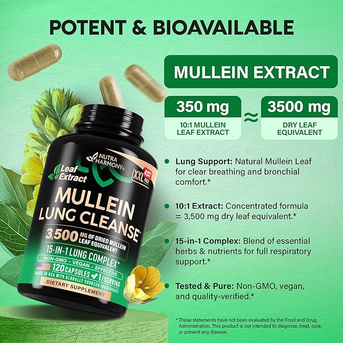 Mullein Leaf Extract for Lung Detox - Marshmallow Root | Echinacea | Oregano | Quercetin | NAC - 15-in-1 Lung Support & Cleanse for Smokers Supplement - Made in USA - As Drops, Tincture - 120 Capsules