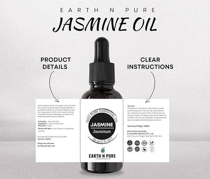 Earth N Pure Jasmine Essential Oil|100% Natural and Therapeutic Grade|Undiluted|for Aromatherapy|Flawless Skin|Soap Making|Massage|Improve Hair Growth|Relaxation|with Glass Dropper |100ML