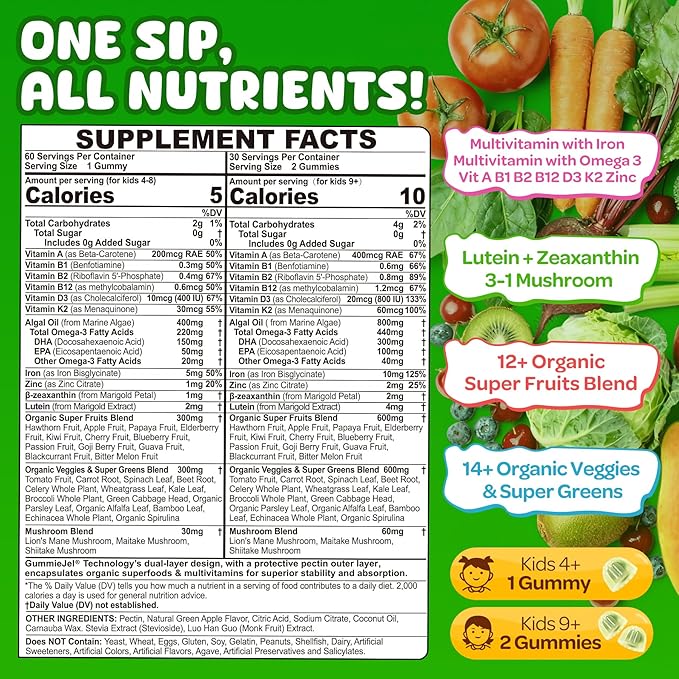 NEVISS Kids 4+ & Teens Super Greens 40-in-1 Gummies w/Multivitamin, Omega3 Iron, D3K2, Picky Eater Organic Super Fruits Veggies Superfood Gummy, Mushroom, Lutein | Immune Bone Brain Energy, Sugar Free