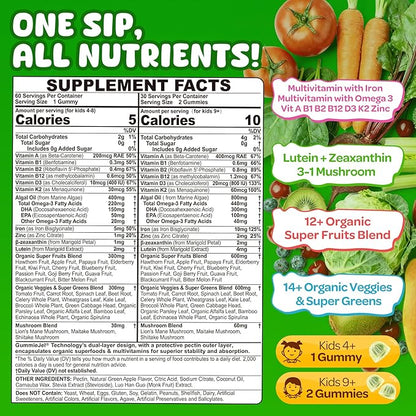 NEVISS Kids 4+ & Teens Super Greens 40-in-1 Gummies w/Multivitamin, Omega3 Iron, D3K2, Picky Eater Organic Super Fruits Veggies Superfood Gummy, Mushroom, Lutein | Immune Bone Brain Energy, Sugar Free