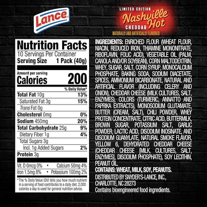 Lance Nashville Hot Cheddar Sandwich Crackers, 10 Pack