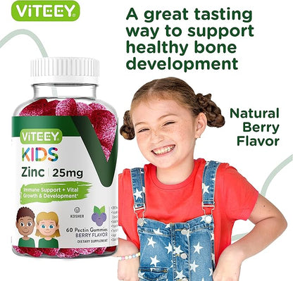 Viteey Zinc for Kids Gummies, 25mg - Immune Support - Powerful Natural Antioxidant, Kids Zinc Vitamin Supplement - Vegan, Gelatin Free, Gluten Free - Tasty Chewable Berry Flavor Gummy