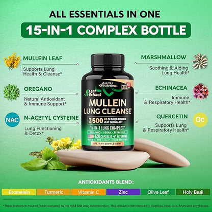 Mullein Leaf Extract for Lung Detox - Marshmallow Root | Echinacea | Oregano | Quercetin | NAC - 15-in-1 Lung Support & Cleanse for Smokers Supplement - Made in USA - As Drops, Tincture - 120 Capsules