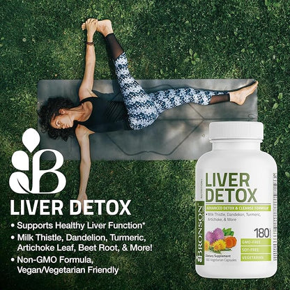 Bronson Liver Detox Advanced Detox & Cleansing Formula Supports Health Liver Function with Milk Thistle, Dandelion Extract, Turmeric, Artichoke Leaf & More, Non-GMO, 180 Vegetarian Capsules