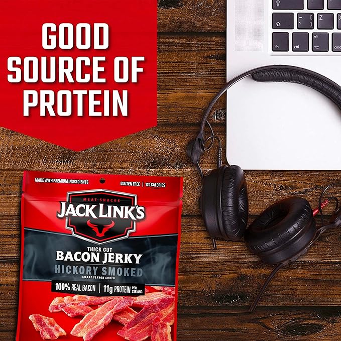 Jack Link's Bacon Jerky, Hickory Smoked - Flavorful Ready to Eat Meat Snack with 11g of Protein per Serving, Made with 100% Thick Cut Real Bacon, Protein Snack, Keto Friendly, 2.5 oz. (Pack of 4)
