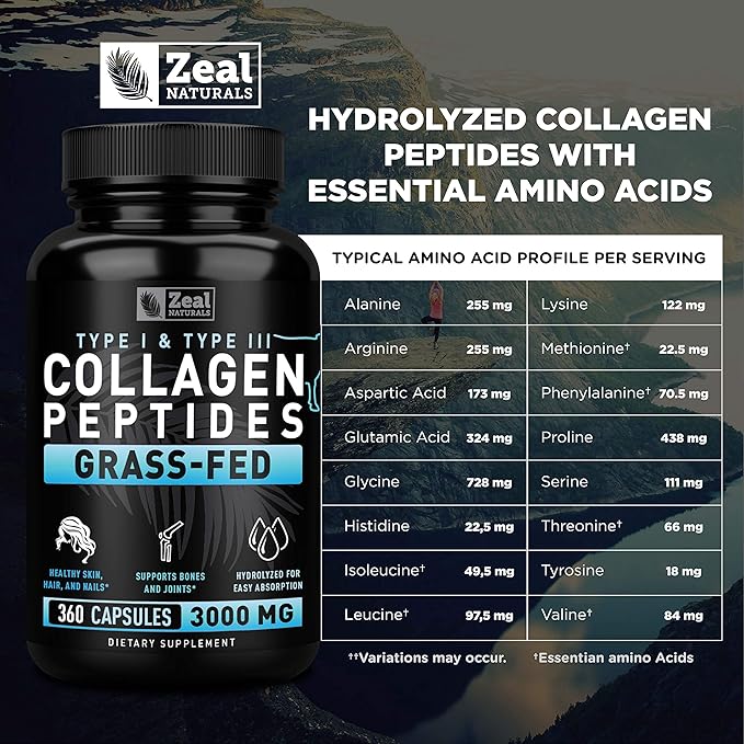 Collagen Peptides Capsules 360 Count - Grass Fed Bovine Hydrolyzed Collagen Pills - Hair, Skin & Nails, Joint Support - Collagen Supplements for Women & Men