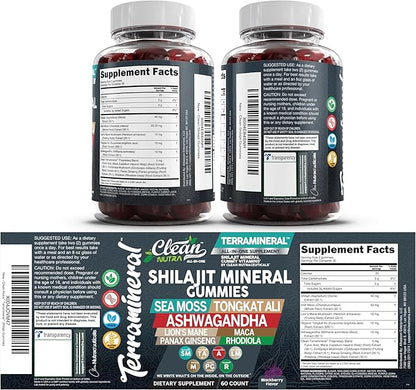 Terramineral Shilajit Gummies with Irish Sea Moss Tongkat Ali Ashwagandha Lion's Mane MACA Panax Ginseng Rhodiola & Cordyceps by Clean Nutra (1)