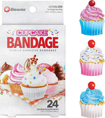 BioSwiss Bandages, Cupcake Shaped Self Adhesive Bandage Set, Latex Free, Sterile Wound Care, 24 Count