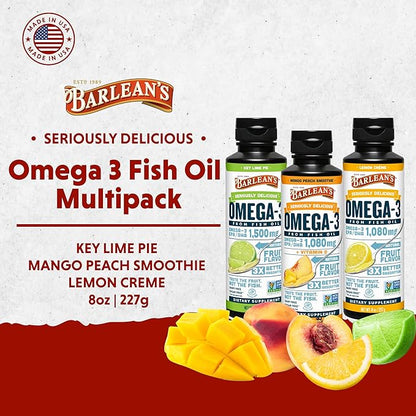Barlean's Omega 3 Fish Oil Liquid Supplement for Men and Women, 1500mg of EPA and DHA Fatty Acid, Promotes Brain & Heart Health - Non-GMO, Variety Pack, 8 oz
