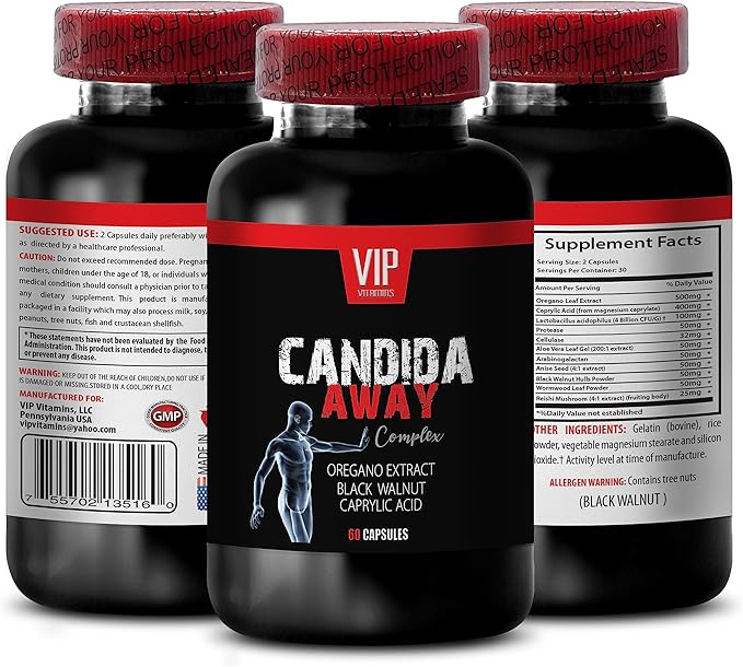 Natural detoxification Supplement - Candida Away Extra Strength Formula - Candida Support - Digestive AID - Candida Vitamins - Candida Cleanse - Oregano Oil Capsules - Black Walnut Hull - 1Bottle