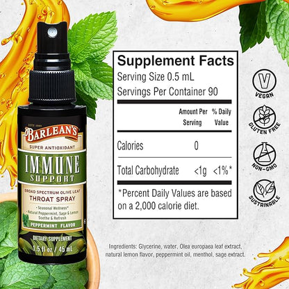 Barlean's Olive Leaf Complex Throat Spray, Immune Support Supplement with Peppermint, Lemon, and Sage for Itchy Throat Relief, Liquid Blended Extract, 1.5 oz