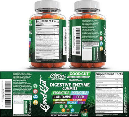 Clean Nutraceuticals Digestive Enzymes with Probiotics & Prebiotics for Digestive Health Gummies & L-Glutamine for Gut Health Bromelain Apple Pectin Inulin FOS Plant Based Vegan Gummy Vitamins