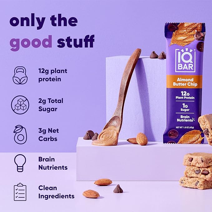 IQBAR Clean Plant Protein Bars - Almond Butter Chip - 36 Count - Keto, Vegan, High Fiber, Gluten and Dairy Free, Low Sugar Snack - Brain and Body Nutrients for Focus, Energy, Meal Replacement