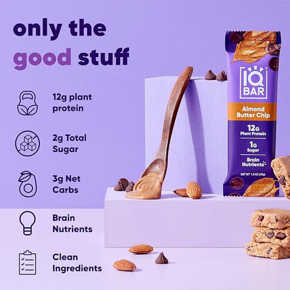 IQBAR Clean Plant Protein Bars - Almond Butter Chip - 36 Count - Keto, Vegan, High Fiber, Gluten and Dairy Free, Low Sugar Snack - Brain and Body Nutrients for Focus, Energy, Meal Replacement