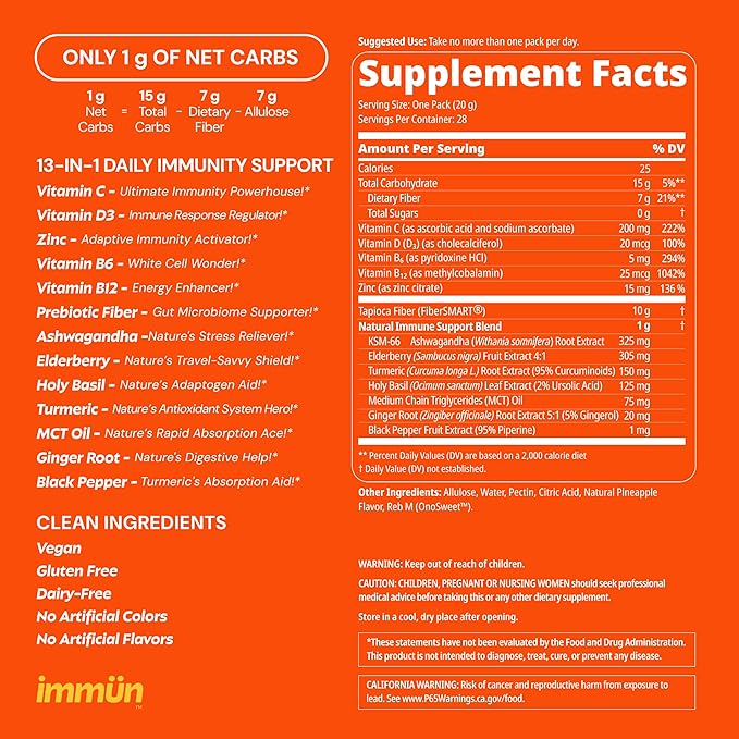 Grüns Immun Sugar Free Immunity Gummies with Vitamin C, Zinc, MCT Oil, & Turmeric - Daily Immune Support Supplement for Adults - Sour Pineapple Flavor (28 Count)